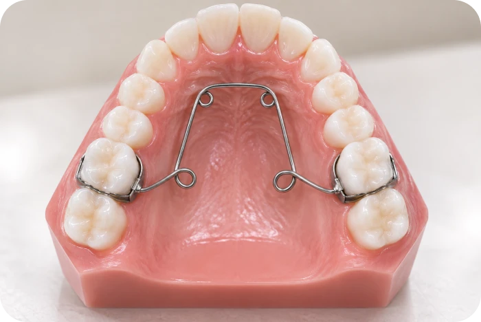 Quad Helix scellé sur les molaires supérieures, vu sur un moulage dentaire